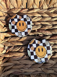 Orange Smiley Face Checkered Car Coaster