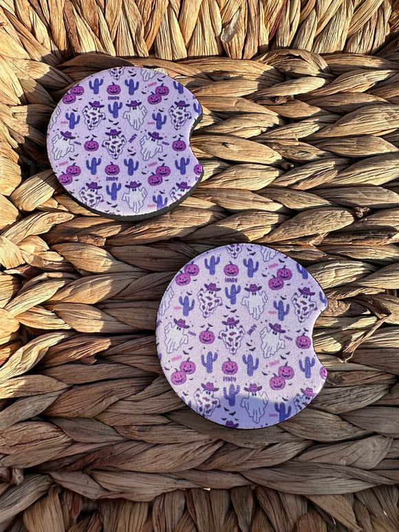 Pumpkins, Cactus and Purple Cowboy Ghosts  Car Coaster