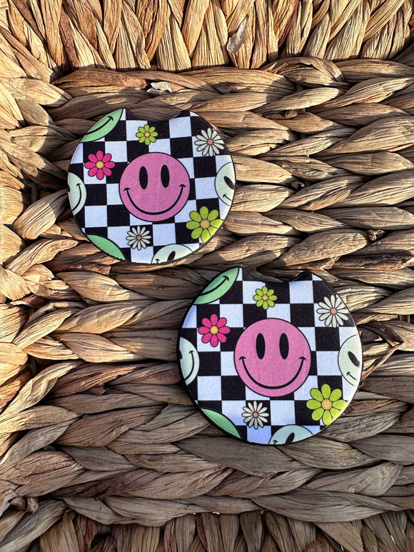 Pink Smiley Face Checkered Car Coaster